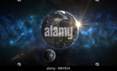 Vista frontale del pianeta Terra e la Luna in orbita. Gli elementi di questa immagine fornita dalla NASA. Foto Stock