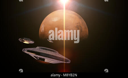 Ufo in orbita del pianeta rosso marte (spazio 3D illustrazione, gli elementi di questa immagine sono arredate dalla NASA) Foto Stock