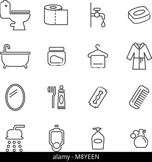 Bagno o doccia icone linea sottile illustrazione vettoriale impostato Illustrazione Vettoriale