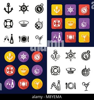 Crociera in Barca tutti in una delle icone in Bianco e Nero Color Design piatto Set di Freehand Illustrazione Vettoriale