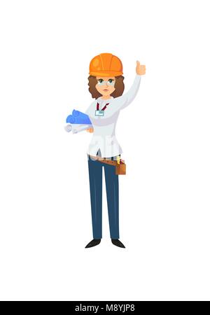 Carattere vettoriale di ingegnere con progetti di laminati che mostra l'approvazione pollice in alto isolato su bianco. Illustrazione Vettoriale