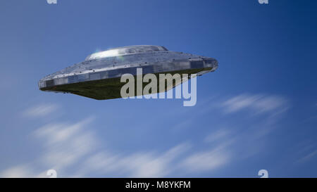 UFO, science fiction scena con straniero astronave, visitatori in Flying Saucer (spazio 3D rendering). Foto Stock