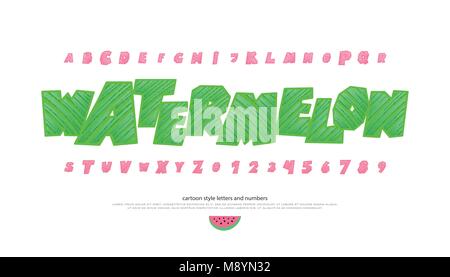 Set di corsivo alfabeto stilizzato lettere e numeri. vettore, stile cartoon font Tipo di carattere tipografico inclinata design. oblique, anguria ricomposto decorativi Illustrazione Vettoriale