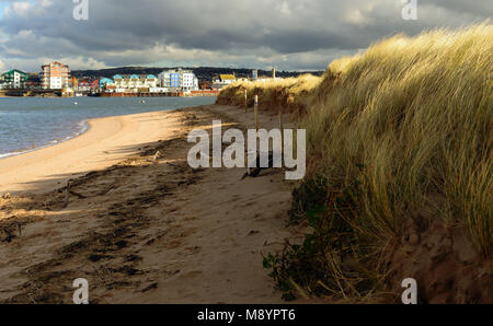 Vista di Exmouth dal Exe estuary riserva naturale a Dawlish Warren. Foto Stock