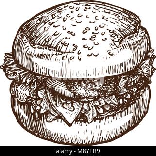 Burger, hamburger sketch. Il fast food concept. Disegnate a mano illustrazione vettoriale Illustrazione Vettoriale