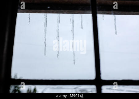 Frosty ghiaccioli in inverno sospeso da finestra Foto Stock