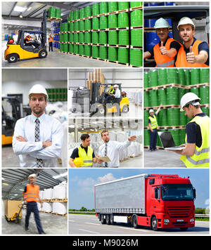 Gruppo di lavoratori nell'industria logistica lavorare in un magazzino con sostanze chimiche Foto Stock