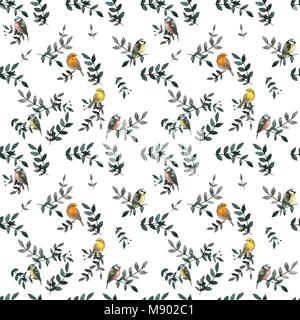 Modello senza cuciture con foglie e piccoli uccelli carino. Sfondo floreale. Vector seamless pattern. Illustrazione Vettoriale