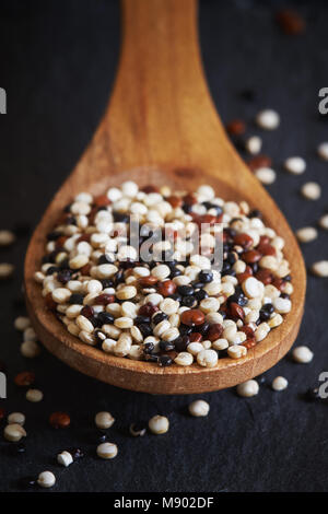 Materie miste di quinoa (Chenopodium quinoa). Rosso, bianco e nero semi in cucchiaio di legno su sfondo nero Foto Stock