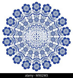 Arte popolare mandala floreali, vettore scandinavo ornamento rotondo, nordic design con fiori in cerchio, composizione etnica Illustrazione Vettoriale