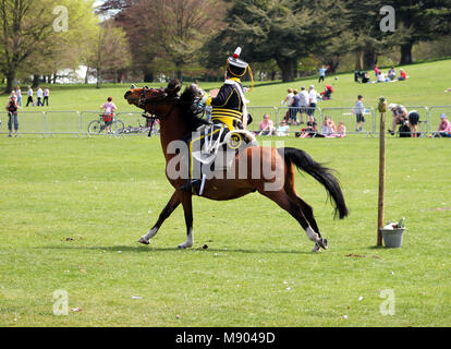 Gli appassionati di militari a cavallo nel XII dragoni di luce uniforme, re emanare la battaglia di Waterloo Foto Stock