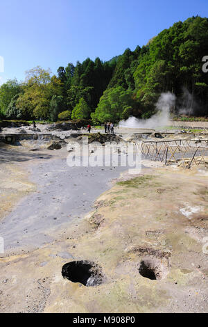 Attività vulcanica di fango bollente e acqua a Furnas. São Miguel, isole Azzorre. Portogallo Foto Stock
