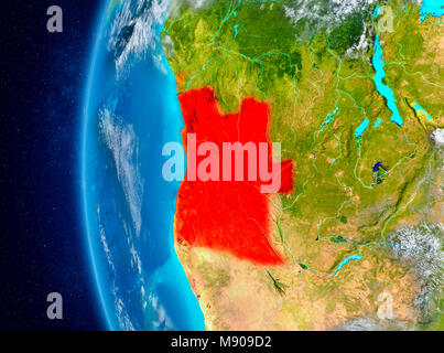 Mappa di Angola come visto dallo spazio sul pianeta Terra con le nuvole e atmosfera. 3D'illustrazione. Gli elementi di questa immagine fornita dalla NASA. Foto Stock