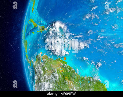 Mappa dei Caraibi come visto dallo spazio sul pianeta Terra con le nuvole e atmosfera. 3D'illustrazione. Gli elementi di questa immagine fornita dalla NASA. Foto Stock