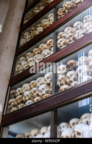 Alcuni dei teschi 9000 impilati all'interno della Stupa memoriale per le vittime. Choeung Ek Killing Fields genocidio centro, Phnom Penh, Cambogia, sito in cui decine di migliaia di persone in Cambogia sono stati uccisi dalla Khymer Rouge sotto gli ordini di Pol Pot da 1975-1979. Foto Stock