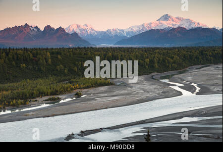 L'ultima luce del sole colpisce il tip top della gamma di Denali e Mt McKinley Chulitna River Foto Stock