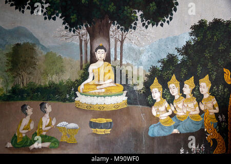 Affresco raffigurante una scena del Buddha la vita in Wat Phra Doi Suthep, Chiang Mai. Ricezione di Buddha alms. Della Thailandia Foto Stock