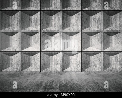 Abstract di cemento vuote sala interna con una decorazione piastrelle in rilievo su di una parete, vista frontale, 3D Rendering immagine Foto Stock
