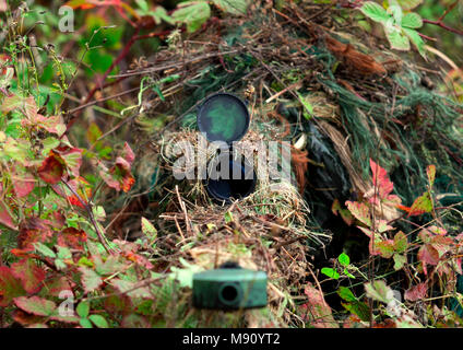 Il camuffamento Hunter o soldato nascosto in boccole in camuffamento autunno sfondo. Sniper con un fucile. Foto Stock