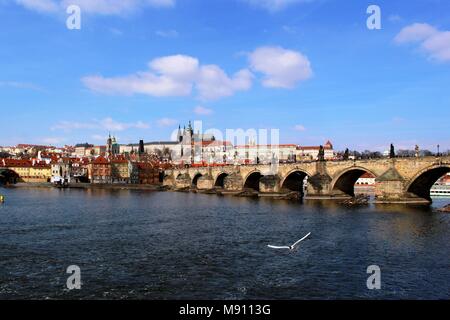 La visualizzazione di tipo iconico che guarda sul fiume Moldava verso il Ponte Carlo e il castello. Foto Stock