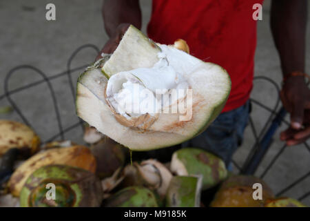 L'uomo vendita di noci di cocco a Cotonou. Foto Stock