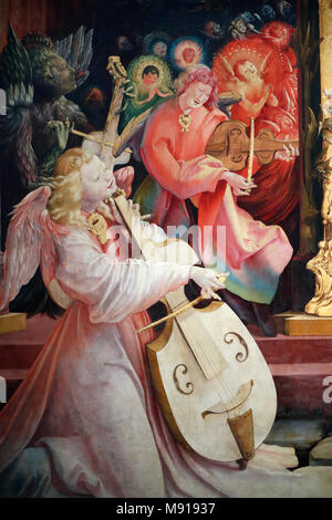 Museo Unterlinden. La pala Isenheim, Nikolaus Hagenauer e Matthias GrŸnewald, in 1512Ð1516. Concerto degli angeli. Dettaglio. Colmar. La Francia. Foto Stock