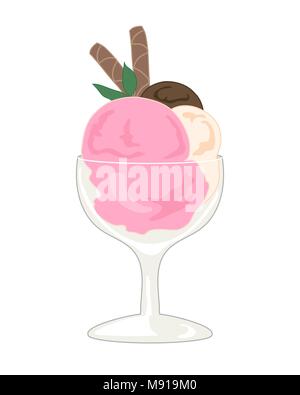 Una illustrazione vettoriale in formato eps di un gelato dessert nel sapore napoletana con tre scoop e caramelle e foglia di menta decorazione Illustrazione Vettoriale