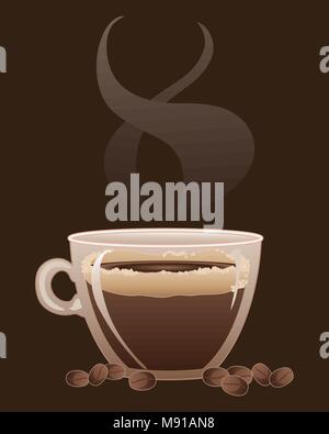 Una illustrazione vettoriale in formato eps formato 10 di una tazza di caffè espresso con i chicchi di caffè su sfondo scuro Illustrazione Vettoriale