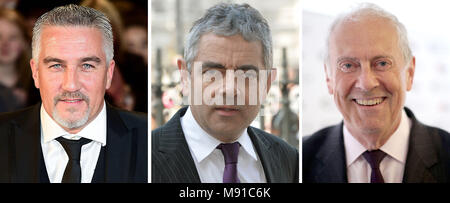 File di foto (da sinistra) Paul Hollywood, Rowan Atkinson e Gyles Brandreth. Foto Stock
