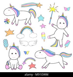 Carino unicorns e magic stuff set. Cartoon fiaba raccolta di elementi Illustrazione Vettoriale