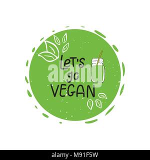 Vettore, eco bio logo verde o segno. Vegano cibo sano badge, identificatore per cafe, ristoranti, prodotti di imballaggio. Disegnata a mano foglie, rami, impianti eleme Illustrazione Vettoriale