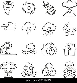 Armageddon o icone di emergenza linea sottile illustrazione vettoriale impostato Illustrazione Vettoriale