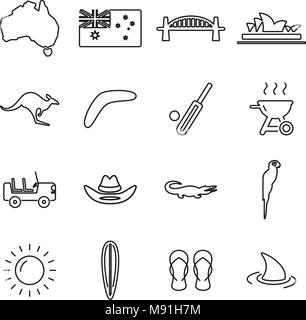 Paese Australia & Cultura icone linea sottile illustrazione vettoriale impostato Illustrazione Vettoriale