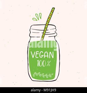 Vettore eco badge o tag, bio logo verde. Segno vegano per cafe, ristoranti, prodotti di imballaggio. Disegnata a mano con jar frullati, foglie, rami, impianti Illustrazione Vettoriale