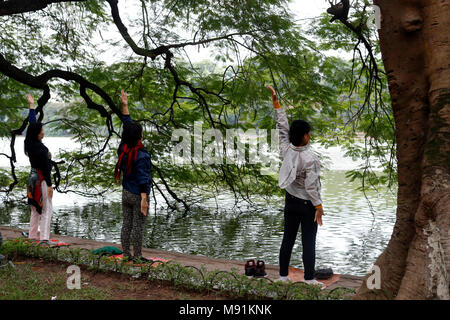 Le donne fanno tai chi al mattino sulle rive del Lago Hoan Kiem Hanoi. Il Vietnam. Foto Stock