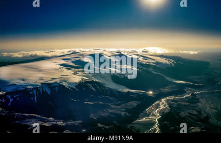 Fiume Aerial-Krossa, Steinsholtsjokull ghiacciaio Eyjafjallajokull, tappo di ghiaccio, Islanda. Foto Stock
