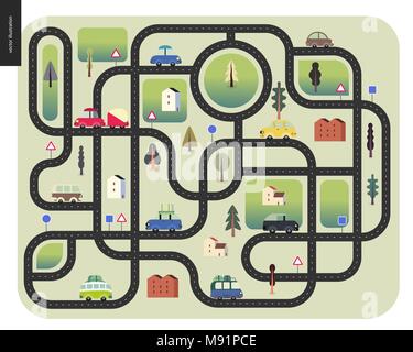 Urban road map - street strade con auto, cartelli stradali, alberi e case, vista dall'alto Illustrazione Vettoriale