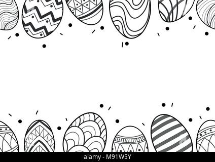 Uova di Pasqua nel contorno nero linea fino alla parte superiore e la parte inferiore della foto su sfondo bianco. Carino disegnato a mano perfetta di design pattern per la festa di Pasqua Illustrazione Vettoriale