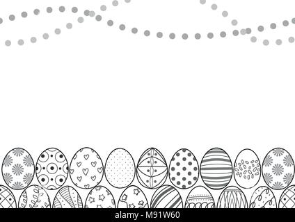 Uova di Pasqua nel contorno nero linea fino alla parte inferiore della foto con punti curva in alto su sfondo bianco. Carino disegnato a mano perfetta design pattern Illustrazione Vettoriale