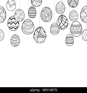 Uova di Pasqua nel contorno nero appendere su sfondo bianco. Carino disegnato a mano perfetta di design pattern per la festa di Pasqua in illustrazione vettoriale. Illustrazione Vettoriale