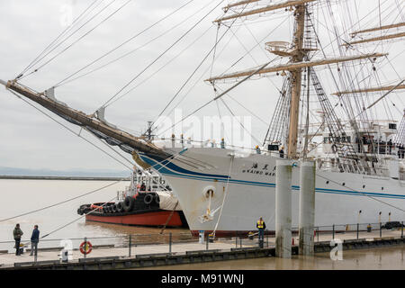 Rimorchiatore 'Shuswap' assistere Kaiwo Maru per lasciare il dock, Steveston, BC Foto Stock