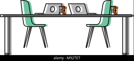 Tavolo sedie computer laptop e monouso Tazze di caffè Illustrazione Vettoriale