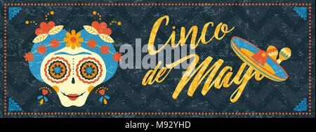 Happy cinco de Mayo holiday illustrazione. Festoso evento messicano di banner per il web con zucchero tradizionale cranio catrina e sfondo vintage. EPS10 vettore. Illustrazione Vettoriale