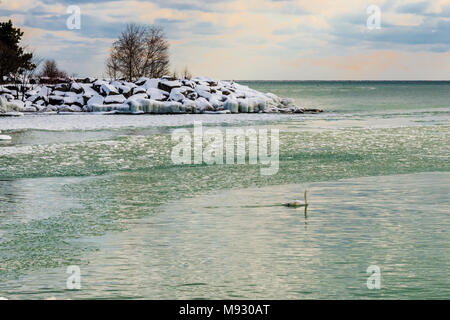 Paesaggio invernale scena mostrando il bianco della neve lungo l'acqua ghiacciata lago linea costiera su una bella giornata di sole con contrasto elevato sky Foto Stock