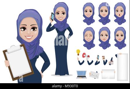 Arabo business donna cartoon character creation set. Bella giovane imprenditrice musulmana in abiti casual. Costruire il tuo design personale - stock vecto Illustrazione Vettoriale