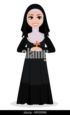 Nun personaggio dei fumetti. Sorridente suora cattolica mantiene croce di legno. Illustrazione Vettoriale su sfondo bianco. Illustrazione Vettoriale