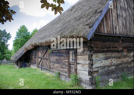 Sierpc, Polonia - Maggio 2016: Museo del Villaggio Mazovian in Sierpc. Un villaggio di stile o di ricostruzione Skansen. Il vecchio fienile con tetto di paglia, legno stru Foto Stock