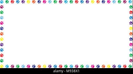 Rettangolo cornice fatta di variopinte arcobaleno zampa animale stampe su sfondo bianco. Illustrazione Vettoriale, template, border, un quadro di riferimento, photo frame, pos Illustrazione Vettoriale