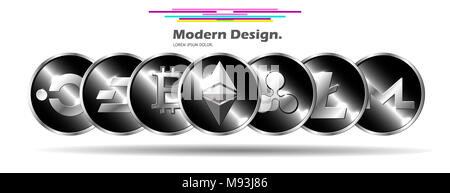 Insieme di caratteristiche fisiche crypto monete con ethereum davanti agli altri. Moderno vettore cryptocurrency illustrazione. Foto Stock