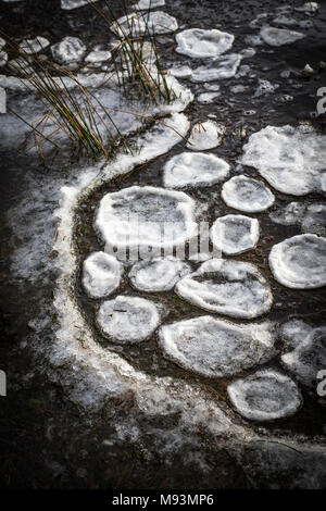 Modelli di ghiaccio sul Loch Pityoulish nel Parco Nazionale di Cairngorms della Scozia. Foto Stock